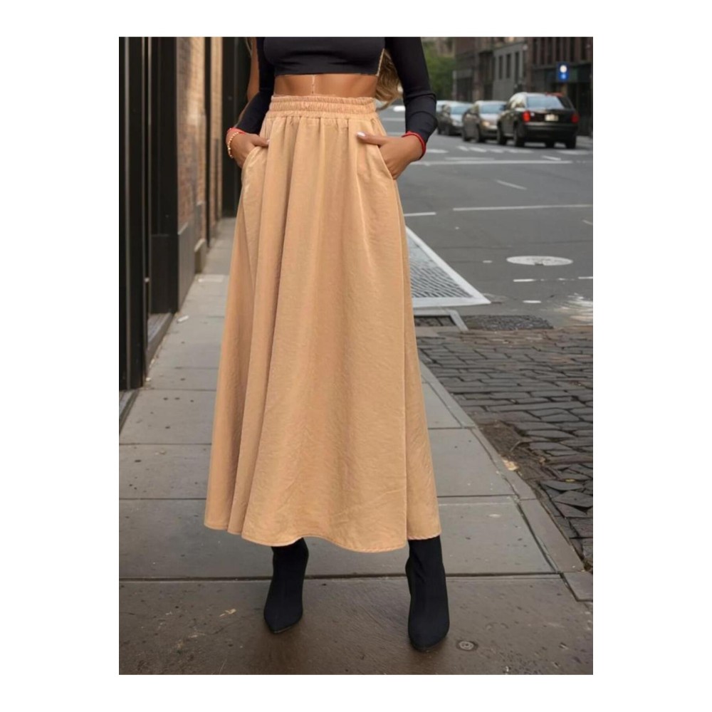 Pasaklı Giyim Pasaklı Giyim Kadın Beli Lastikli A Kesim Salaş Uzun Yüksek Bel Kupra Etek Karamel - Premium Kadın Giyim