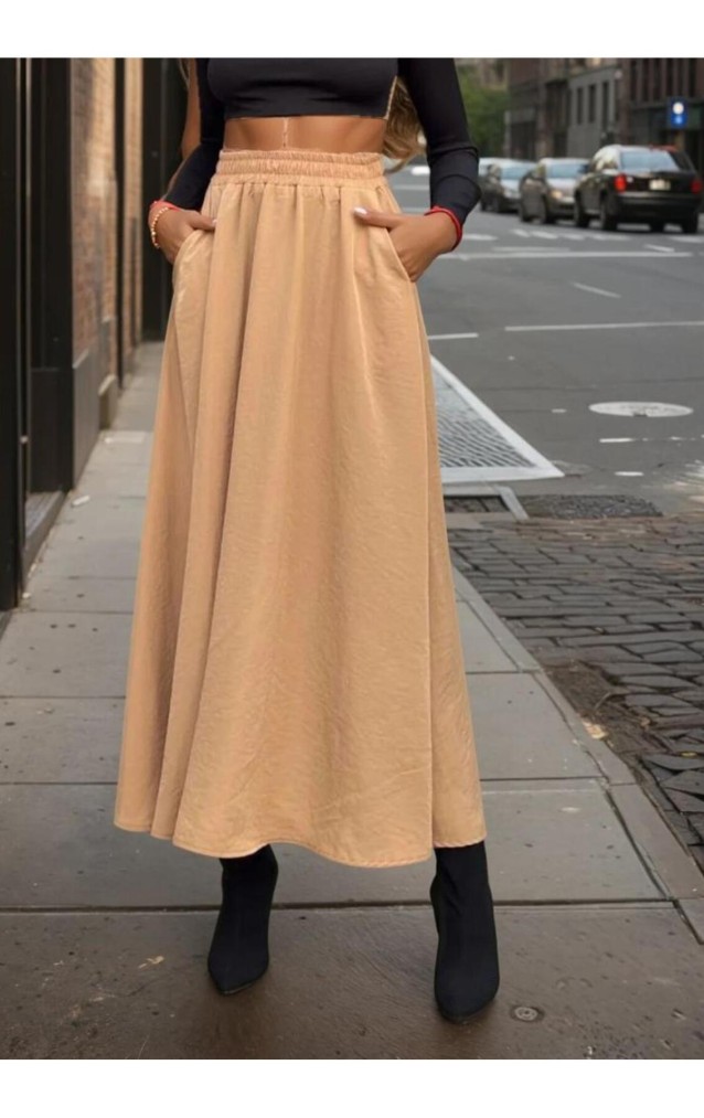Pasaklı Giyim Kadın Beli Lastikli A Kesim Salaş Uzun Yüksek Bel Kupra Etek 3676308 Karamel