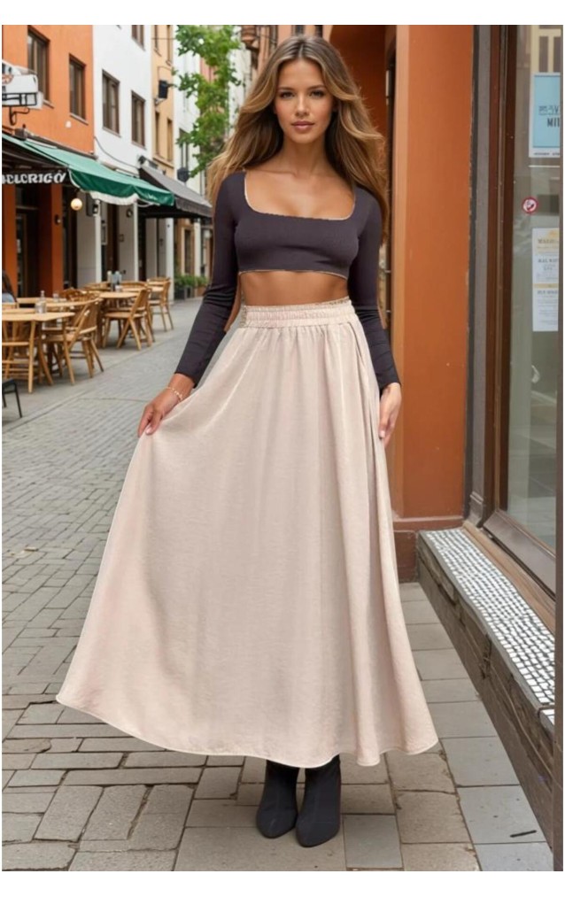 Pasaklı Giyim Kadın Beli Lastikli A Kesim Salaş Uzun Yüksek Bel Kupra Etek 3676308 Taş