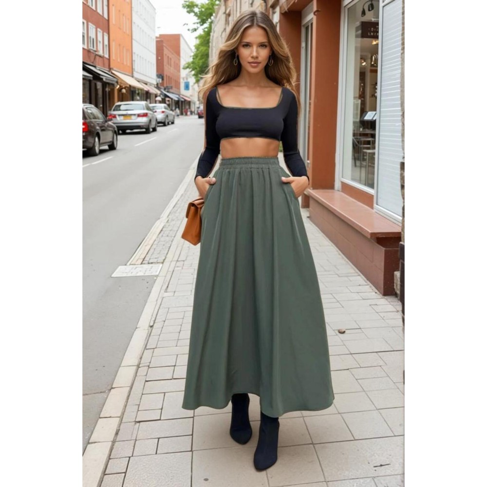 Pasaklı Giyim Pasaklı Giyim Kadın Beli Lastikli A Kesim Salaş Uzun Yüksek Bel Kupra Etek Haki - Premium Kadın Giyim