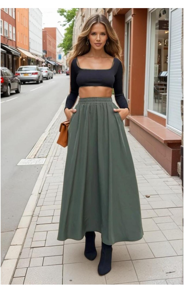 Pasaklı Giyim Kadın Beli Lastikli A Kesim Salaş Uzun Yüksek Bel Kupra Etek 3676308 Haki