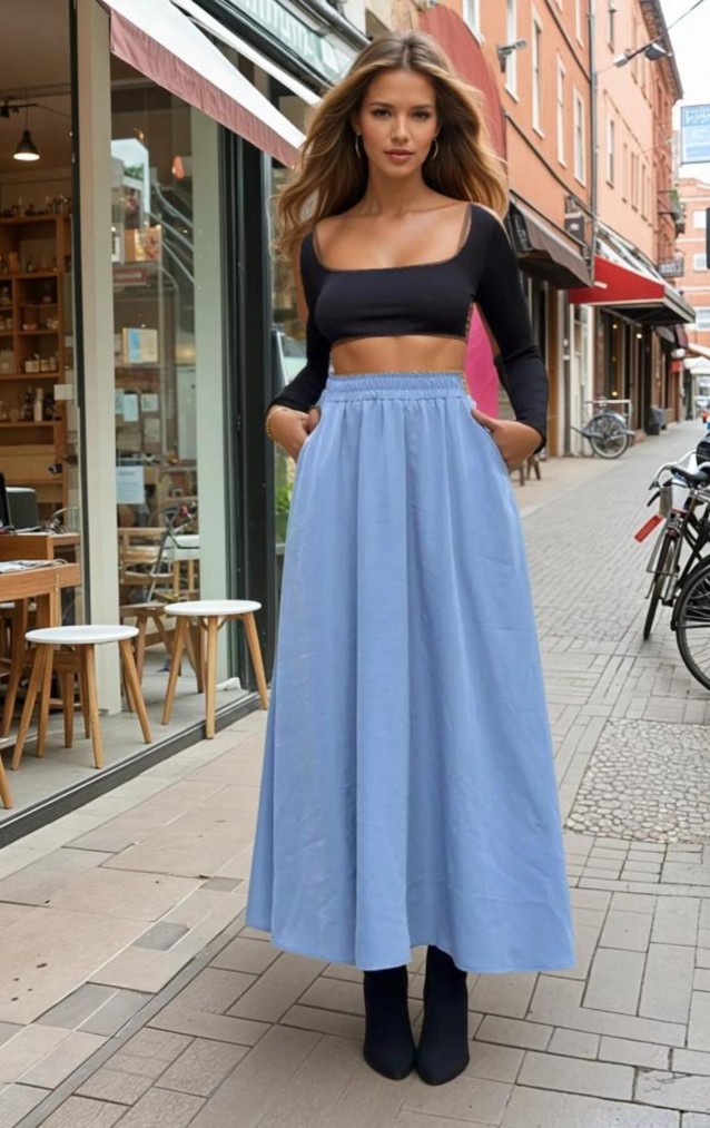 Pasaklı Giyim Kadın Beli Lastikli A Kesim Salaş Uzun Yüksek Bel Kupra Etek 3676308 Mavi