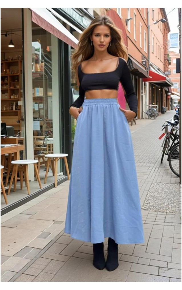 Pasaklı Giyim Kadın Beli Lastikli A Kesim Salaş Uzun Yüksek Bel Kupra Etek 3676308 Mavi