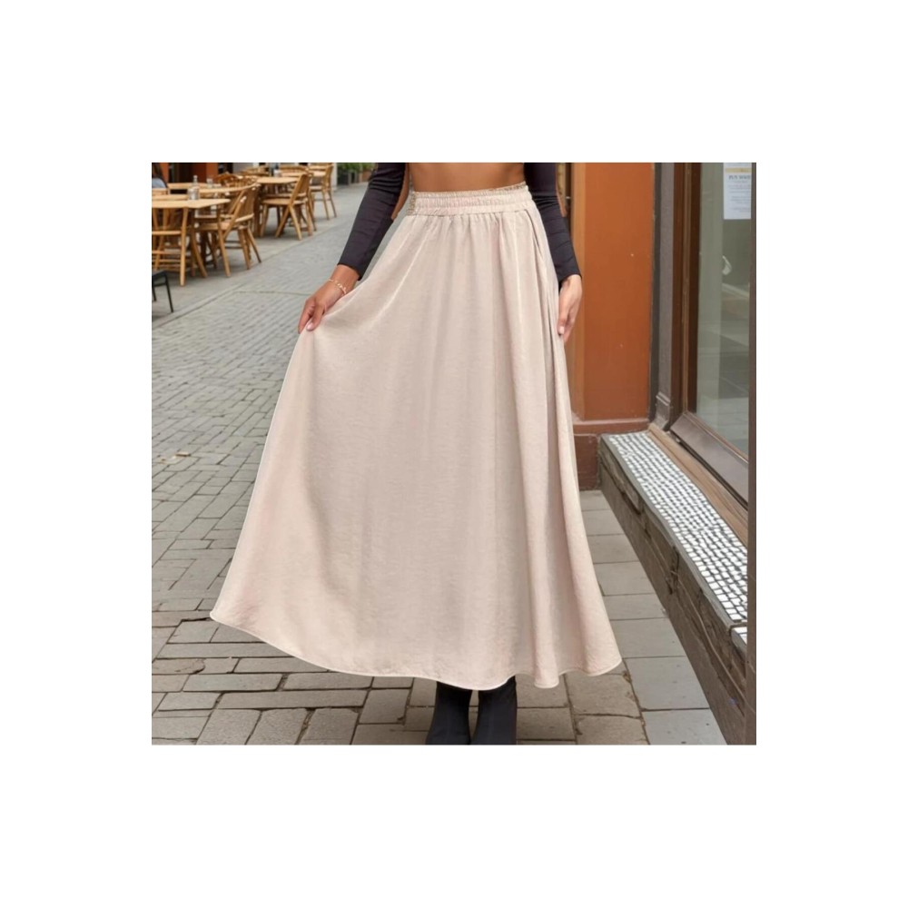Pasaklı Giyim Pasaklı Giyim Kadın Beli Lastikli A Kesim Salaş Uzun Yüksek Bel Kupra Etek Taba - Premium Kadın Giyim