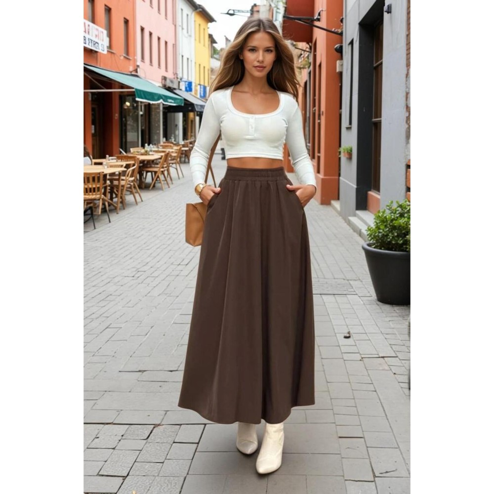 Pasaklı Giyim Pasaklı Giyim Kadın Beli Lastikli A Kesim Salaş Uzun Yüksek Bel Kupra Etek Kahverengi - Premium Kadın Giyim