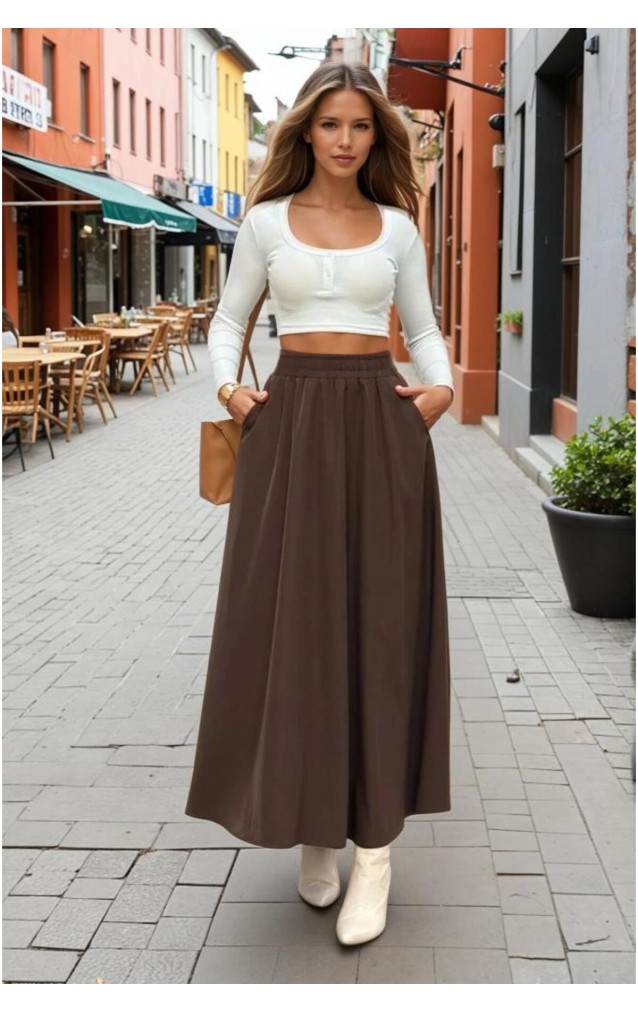 Pasaklı Giyim Kadın Beli Lastikli A Kesim Salaş Uzun Yüksek Bel Kupra Etek 3676308 Kahverengi