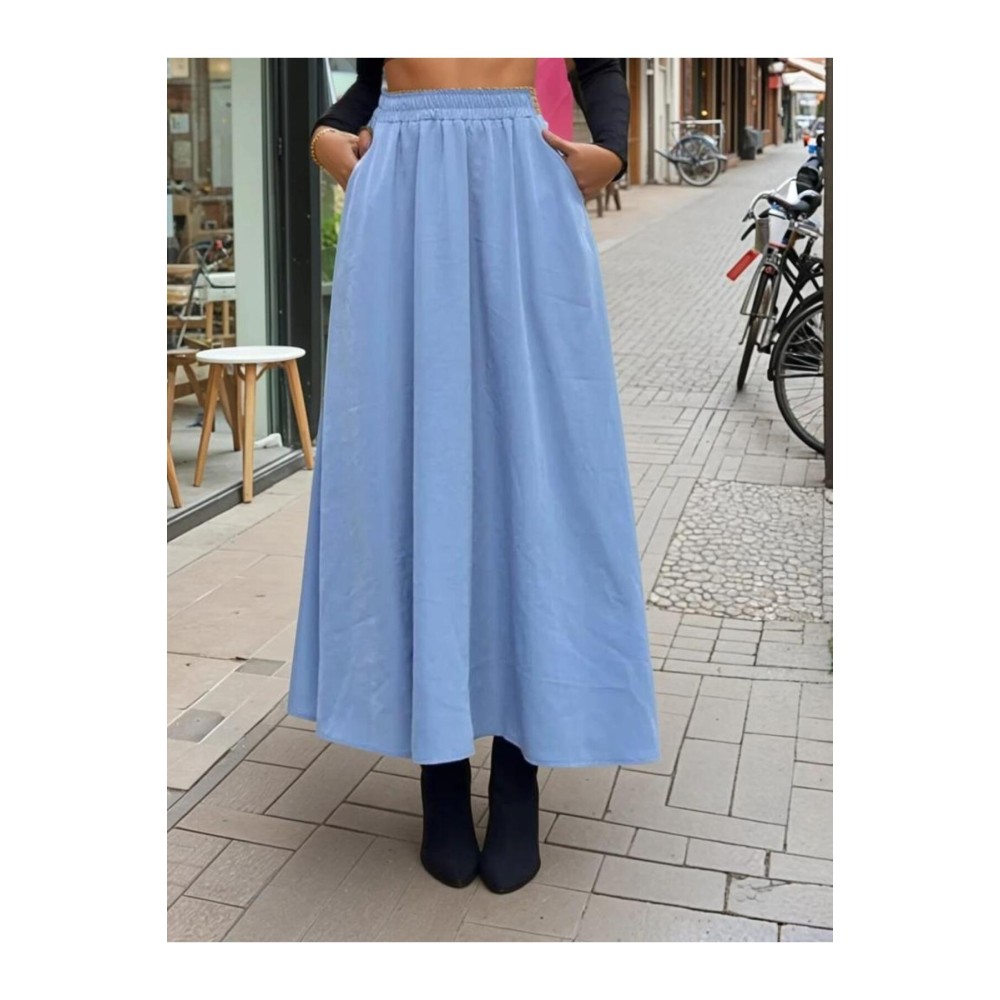 Pasaklı Giyim Pasaklı Giyim Kadın Beli Lastikli A Kesim Salaş Uzun Yüksek Bel Kupra Etek Mavi - Premium Kadın Giyim