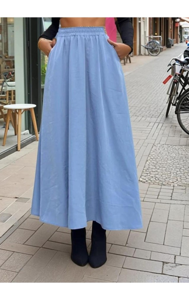Pasaklı Giyim Kadın Beli Lastikli A Kesim Salaş Uzun Yüksek Bel Kupra Etek 3676308 Mavi