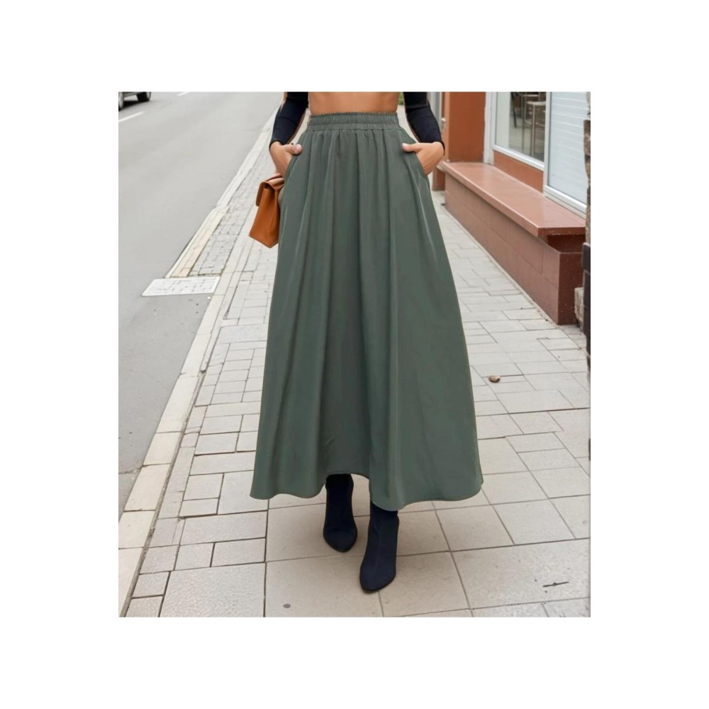 Pasaklı Giyim Pasaklı Giyim Kadın Beli Lastikli A Kesim Salaş Uzun Yüksek Bel Kupra Etek Haki - Premium Kadın Giyim