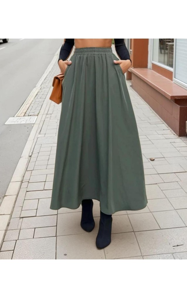 Pasaklı Giyim Kadın Beli Lastikli A Kesim Salaş Uzun Yüksek Bel Kupra Etek 3676308 Haki