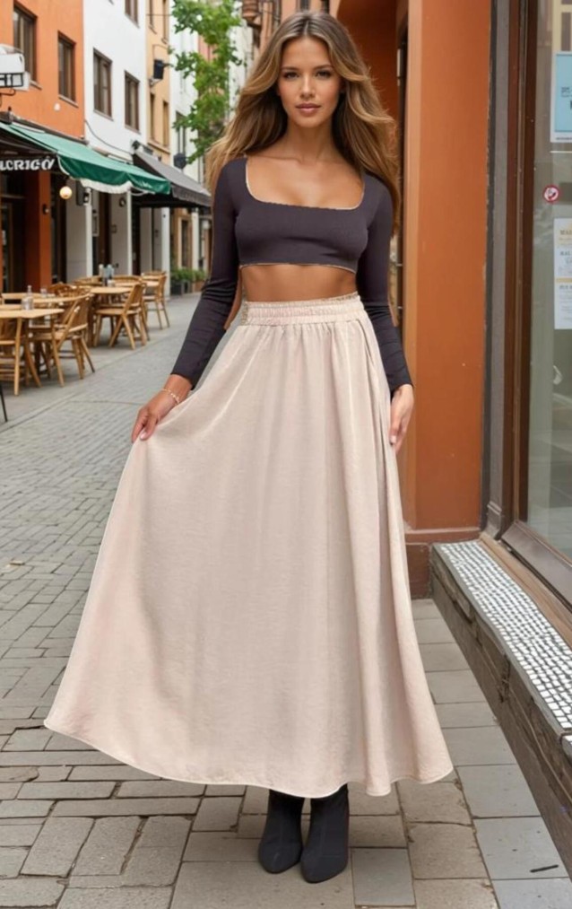 Pasaklı Giyim Kadın Beli Lastikli A Kesim Salaş Uzun Yüksek Bel Kupra Etek 3676308 Taş