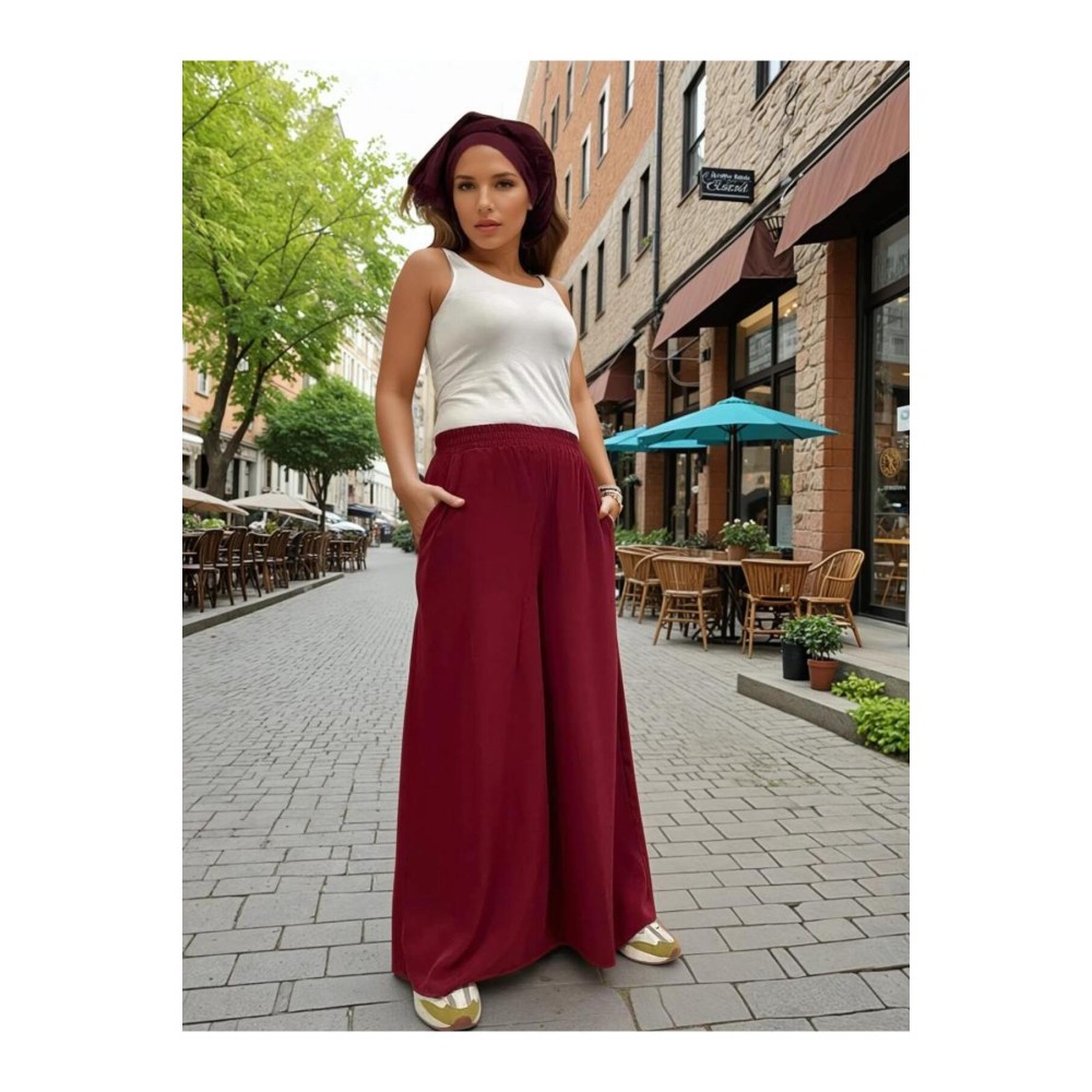 Pasaklı Giyim Pasaklı Giyim Beli Lastikli Tensel Kumaş Pantolon Bordo - Premium Kadın Giyim