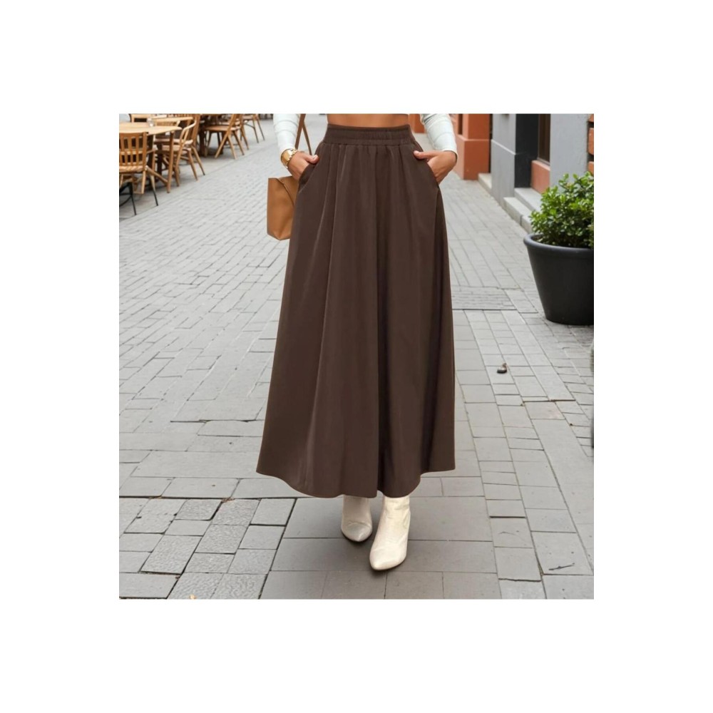 Pasaklı Giyim Pasaklı Giyim Kadın Beli Lastikli A Kesim Salaş Uzun Yüksek Bel Kupra Etek Kahverengi - Premium Kadın Giyim