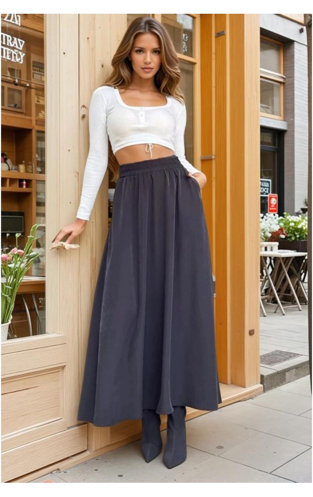 Pasaklı Giyim Kadın Beli Lastikli A Kesim Salaş Uzun Yüksek Bel Kupra Etek 3676308 Siyah