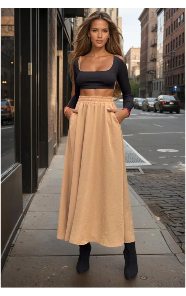 Pasaklı Giyim Kadın Beli Lastikli A Kesim Salaş Uzun Yüksek Bel Kupra Etek 3676308 Karamel