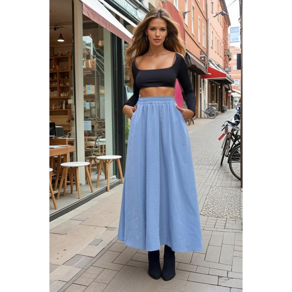 Pasaklı Giyim Pasaklı Giyim Kadın Beli Lastikli A Kesim Salaş Uzun Yüksek Bel Kupra Etek Mavi - Premium Kadın Giyim