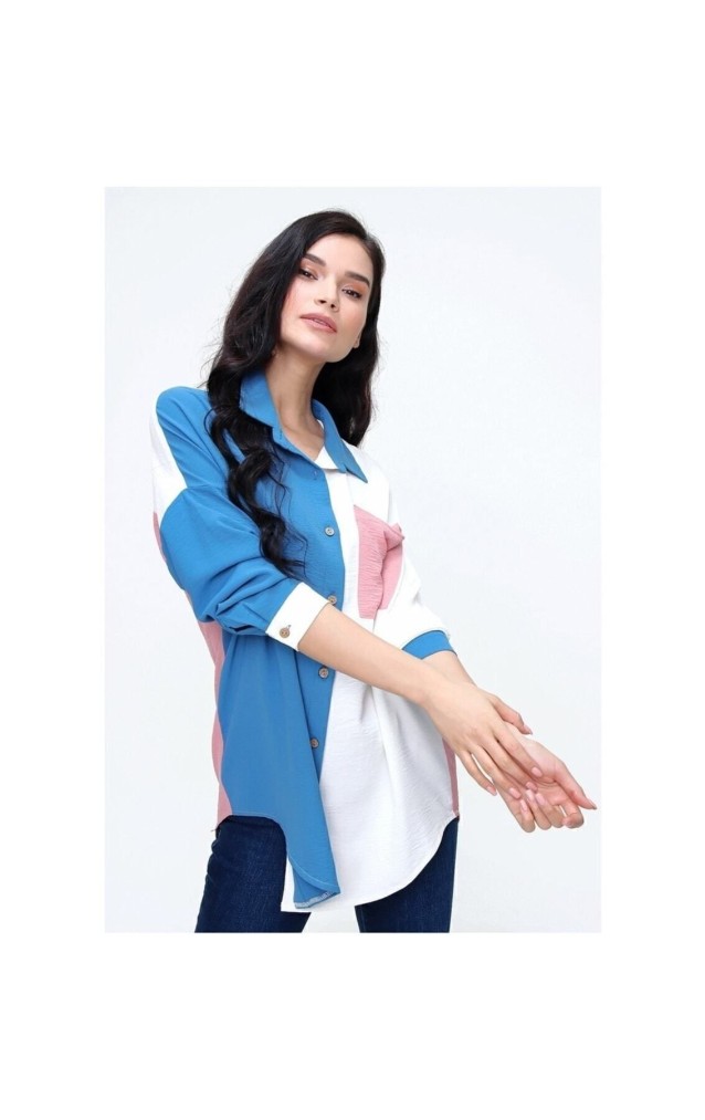 Pasaklı Giyim Kadın İki Renkli Gömlek 3071264 İndigo-Pudra