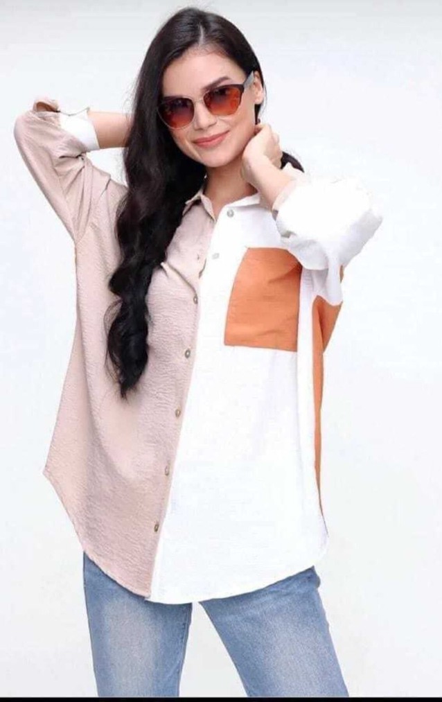 Pasaklı Giyim Kadın İki Renkli Gömlek 3071264 Bej-Kiremit