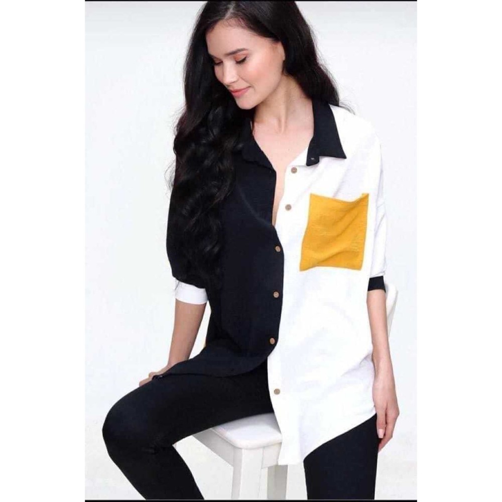 Pasaklı Giyim Pasaklı Giyim Kadın İki Renkli Gömlek Siyah-Sarı - Premium Kadın Giyim