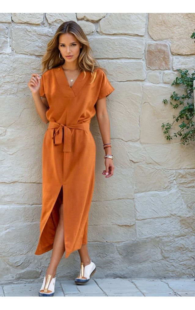 Pasaklı Giyim Kadın Yırtmaçlı Elbise 3221420 Kiremit