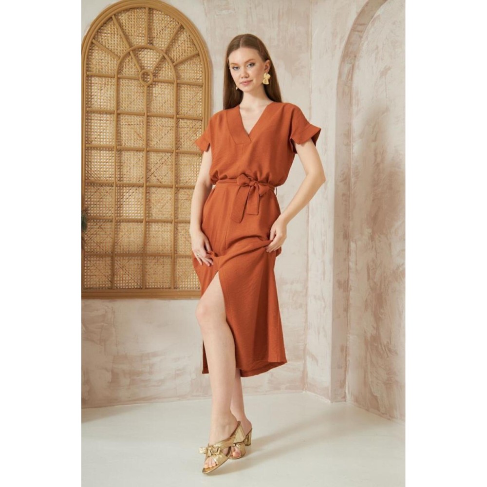 Pasaklı Giyim Pasaklı Giyim Kadın Yırtmaçlı Elbise Kiremit - Premium Kadın Giyim