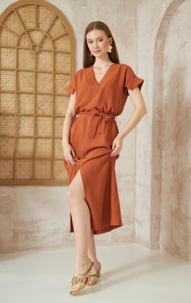 Pasaklı Giyim Kadın Yırtmaçlı Elbise 3221420 Kiremit