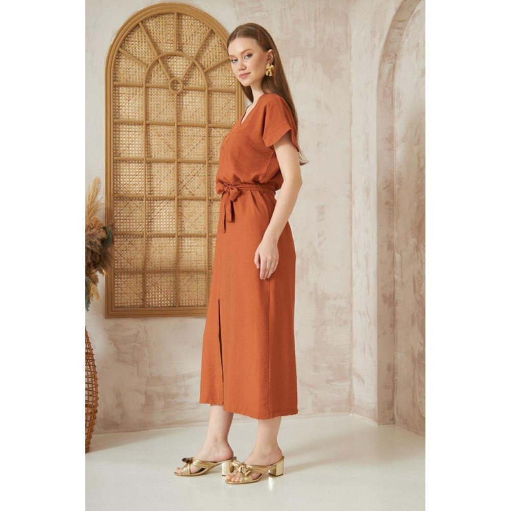 Pasaklı Giyim Pasaklı Giyim Kadın Yırtmaçlı Elbise Kiremit - Premium Kadın Giyim