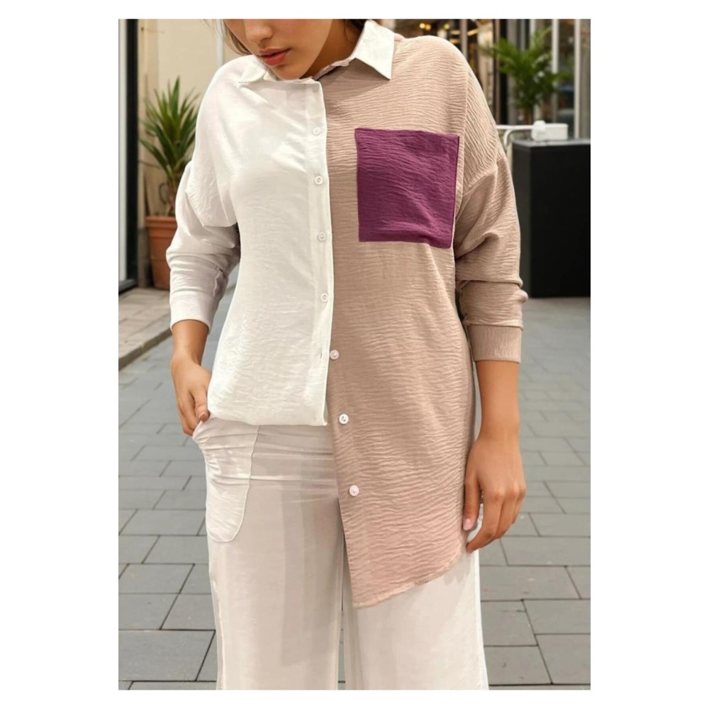 Pasaklı Giyim Pasaklı Giyim Kadın İki Renkli Gömlek Bej-Beyaz - Premium Kadın Giyim