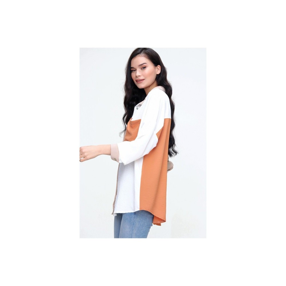 Pasaklı Giyim Pasaklı Giyim Kadın İki Renkli Gömlek Bej-Kiremit - Premium Kadın Giyim