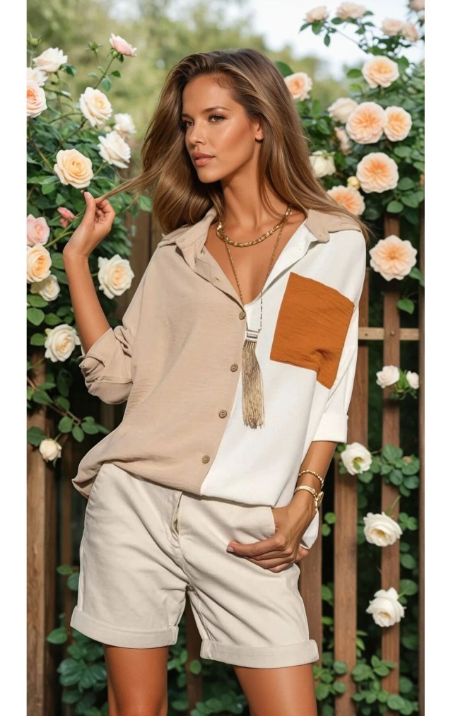 Pasaklı Giyim Kadın İki Renkli Gömlek 3071264 Bej-Kiremit