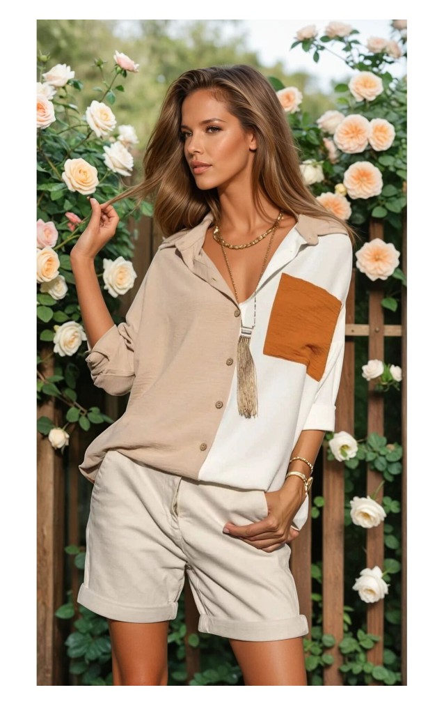 Pasaklı Giyim Kadın İki Renkli Gömlek 3071264 Bej-Kiremit