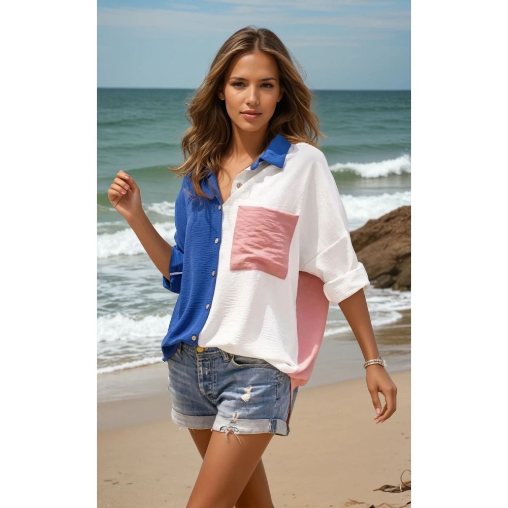 Pasaklı Giyim Pasaklı Giyim Kadın İki Renkli Gömlek İndigo-Pudra - Premium Kadın Giyim