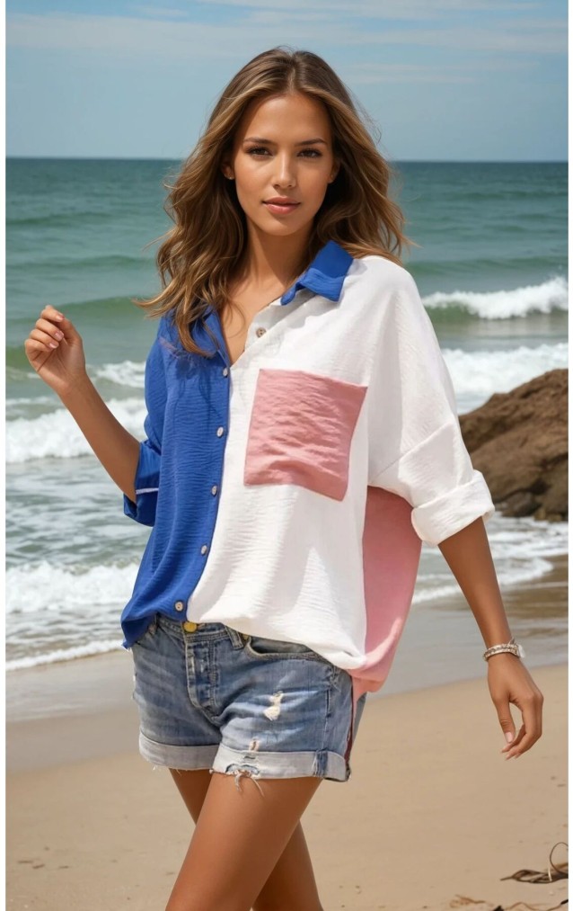 Pasaklı Giyim Kadın İki Renkli Gömlek 3071264 İndigo-Pudra