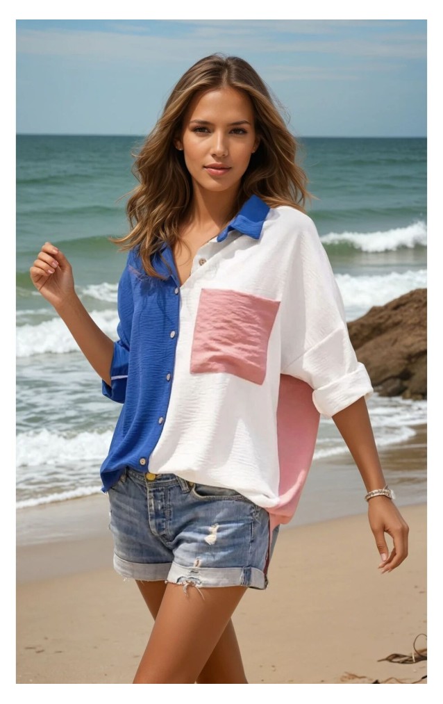 Pasaklı Giyim Kadın İki Renkli Gömlek 3071264 İndigo-Pudra