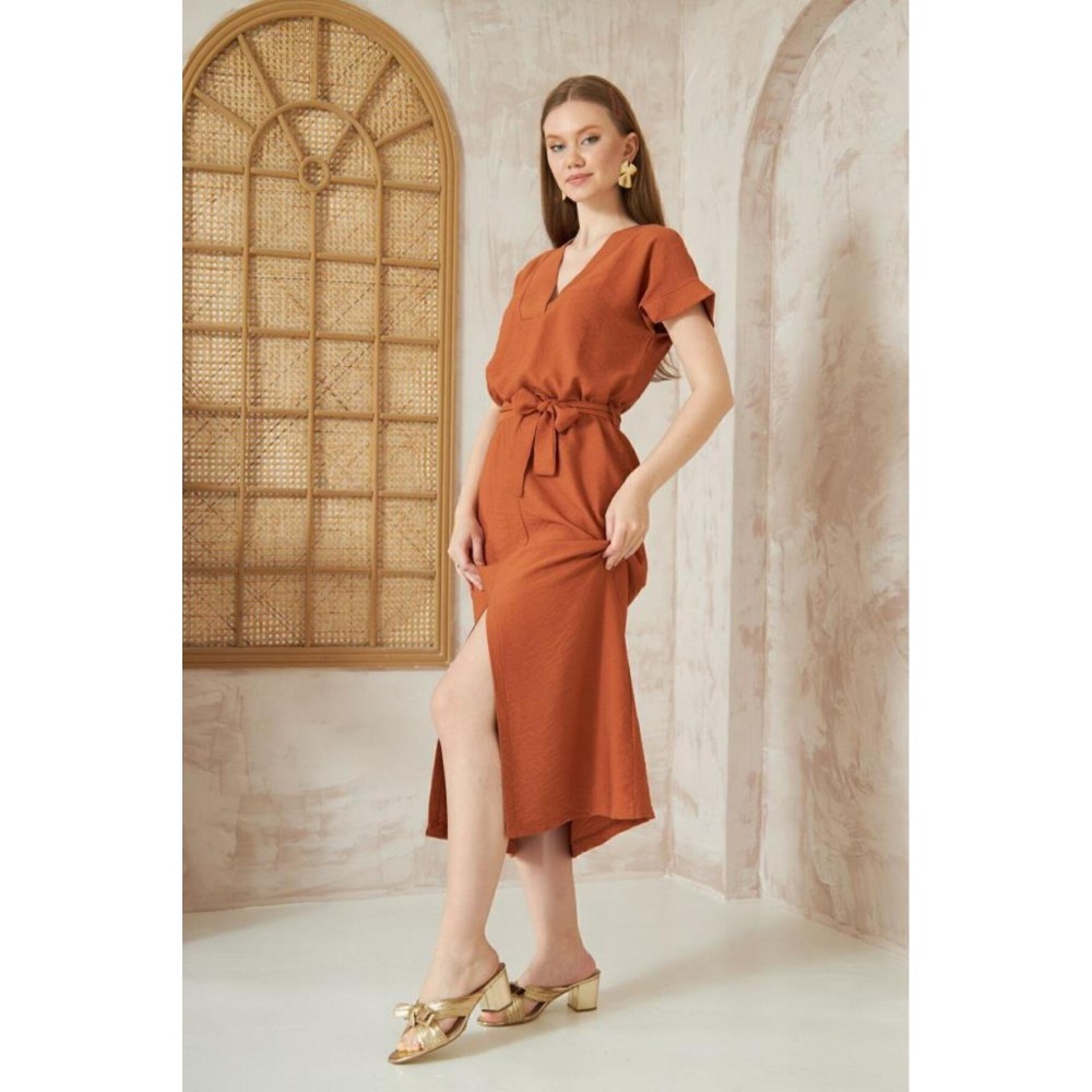 Pasaklı Giyim Pasaklı Giyim Kadın Yırtmaçlı Elbise Kiremit - Premium Kadın Giyim