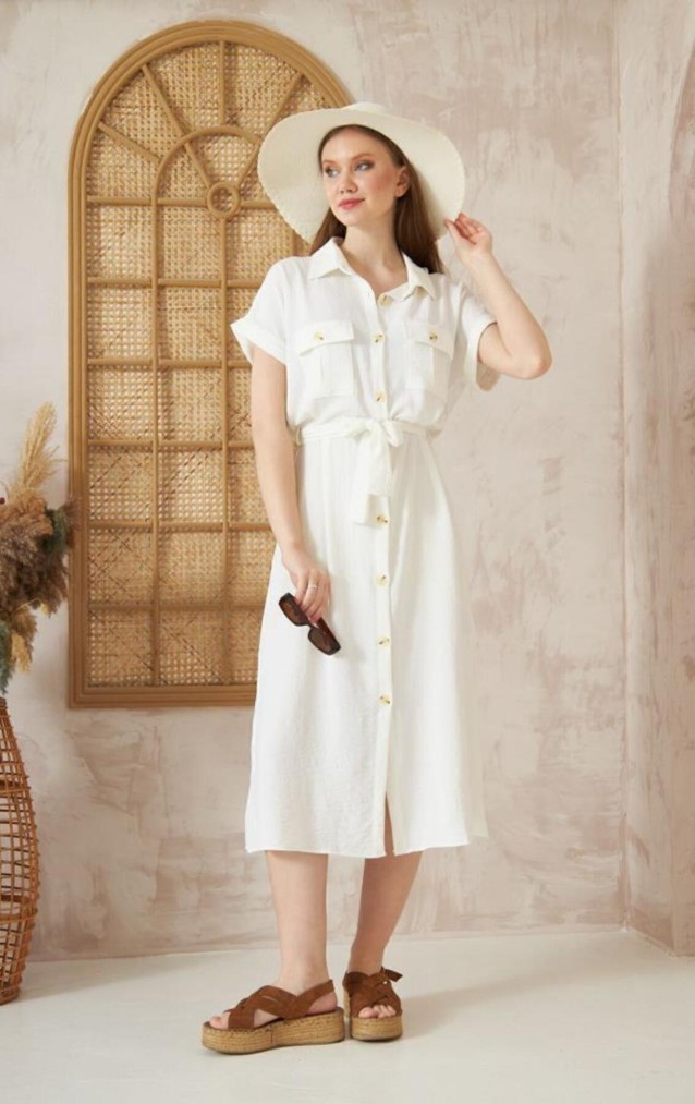 Pasaklı Giyim Kadın Safari Elbise K4045410 Beyaz