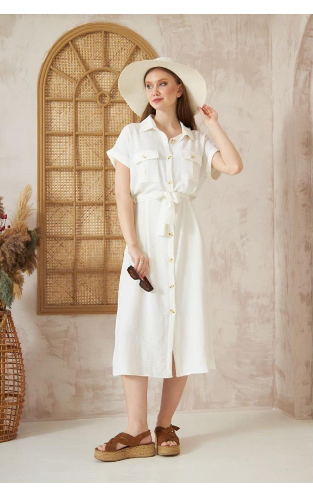 Pasaklı Giyim Kadın Safari Elbise K4045410 Beyaz