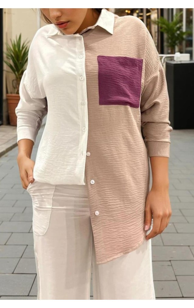 Pasaklı Giyim Kadın İki Renkli Gömlek 3071264 Bej-Beyaz