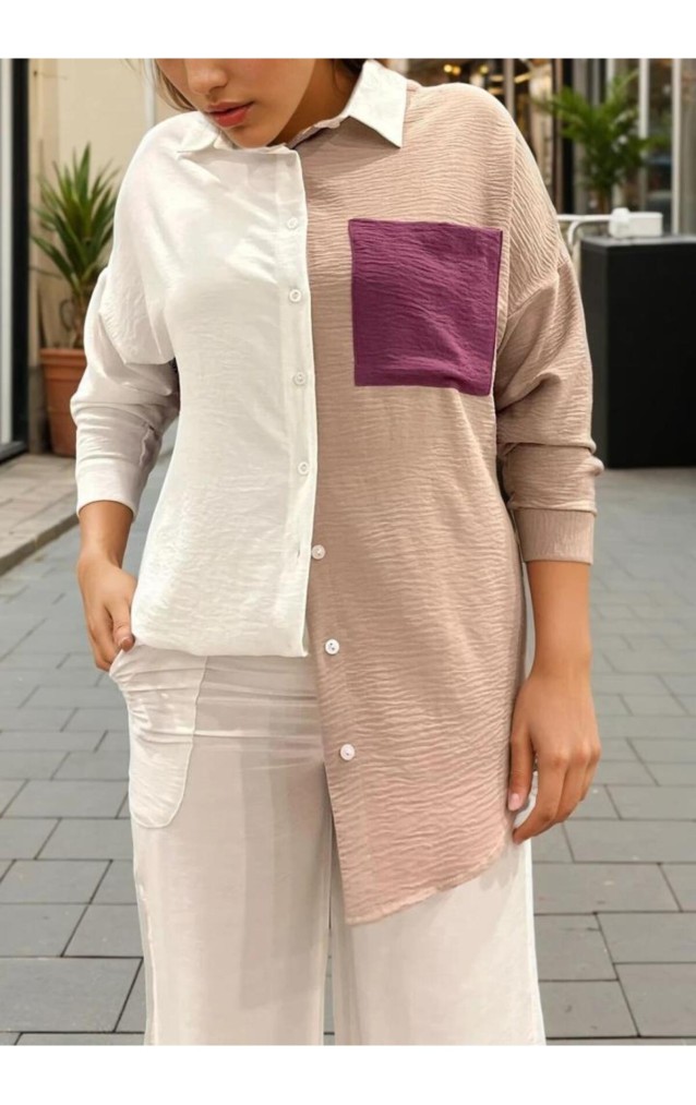 Pasaklı Giyim Kadın İki Renkli Gömlek 3071264 Bej-Beyaz