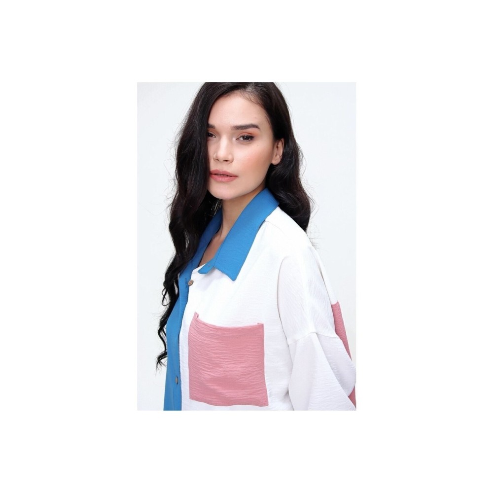 Pasaklı Giyim Pasaklı Giyim Kadın İki Renkli Gömlek İndigo-Pudra - Premium Kadın Giyim