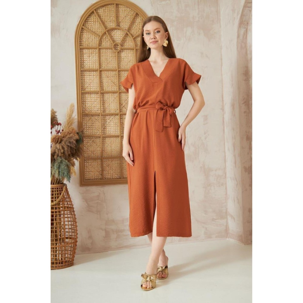 Pasaklı Giyim Pasaklı Giyim Kadın Yırtmaçlı Elbise Kiremit - Premium Kadın Giyim