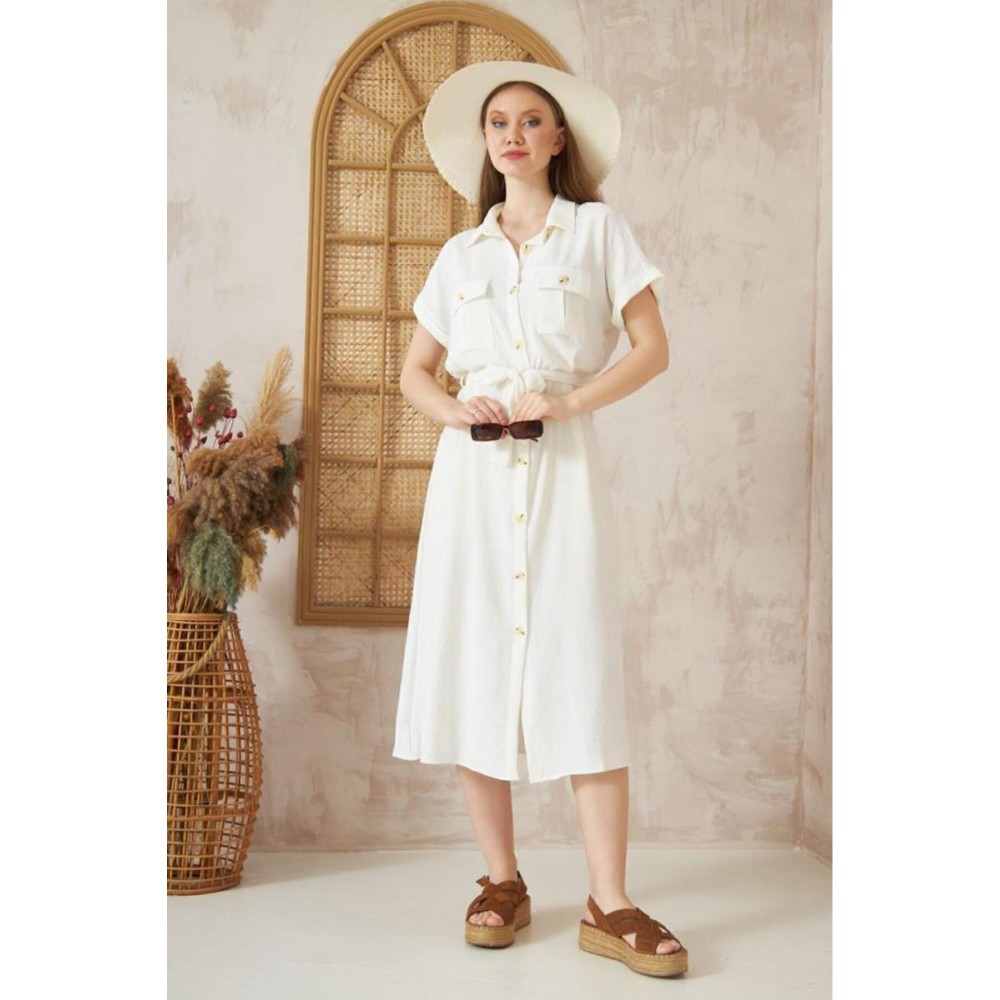 Pasaklı Giyim Pasaklı Giyim Kadın Safari Elbise Beyaz - Premium Kadın Giyim