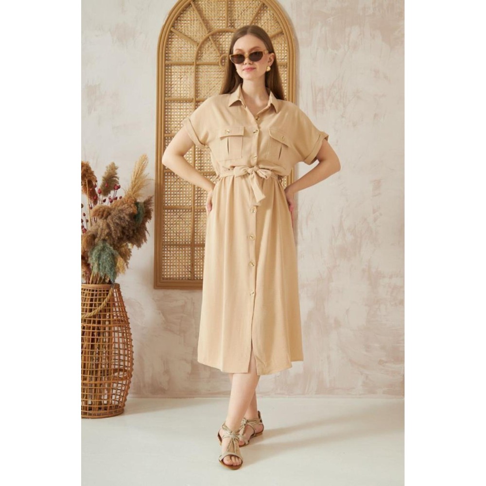 Pasaklı Giyim Pasaklı Giyim Kadın Safari Elbise Bej - Premium Kadın Giyim