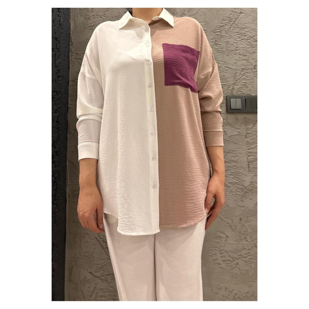 Pasaklı Giyim Pasaklı Giyim Kadın İki Renkli Gömlek Bej-Beyaz - Premium Kadın Giyim