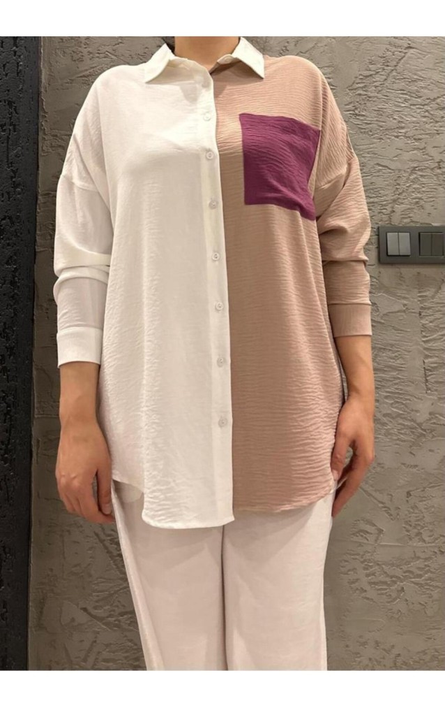 Pasaklı Giyim Kadın İki Renkli Gömlek 3071264 Bej-Beyaz