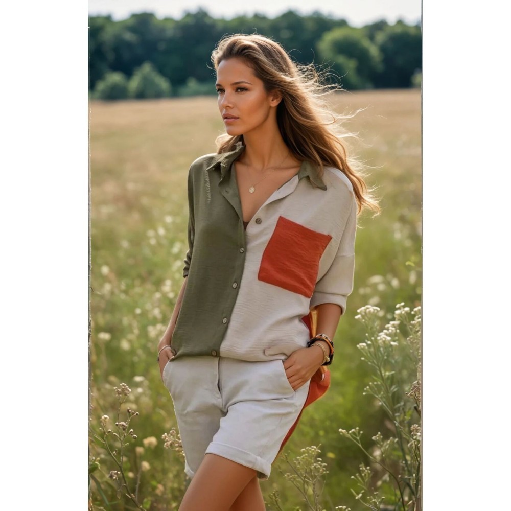 Pasaklı Giyim Pasaklı Giyim Kadın İki Renkli Gömlek Haki-Oranj - Premium Kadın Giyim