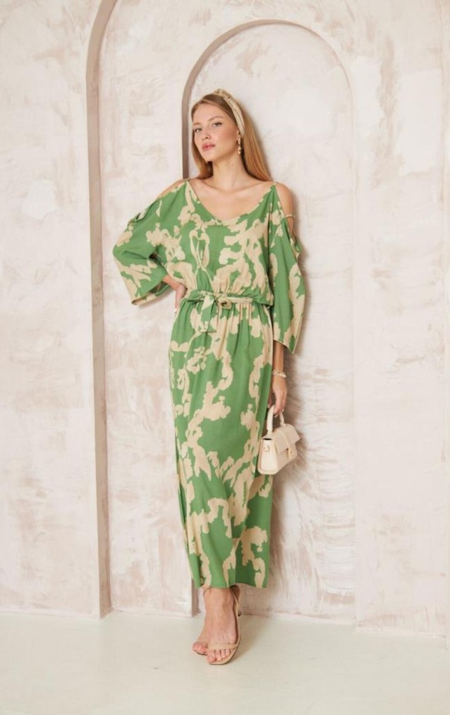 Pasaklı Giyim Kadın Omuz Dekolte Elbise 3628 Yeşil