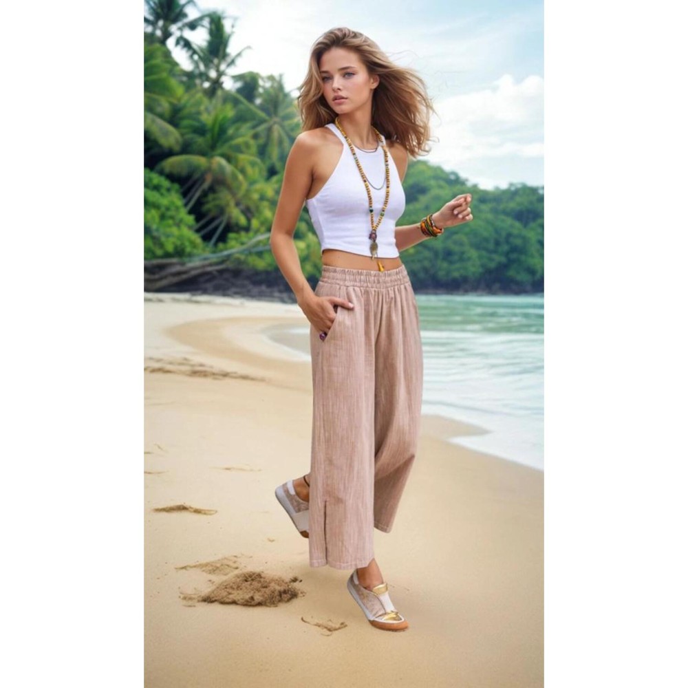 Pasaklı Giyim Pasaklı Giyim Kadın Keten Kapri Pantolon Camel - Premium Kadın Giyim