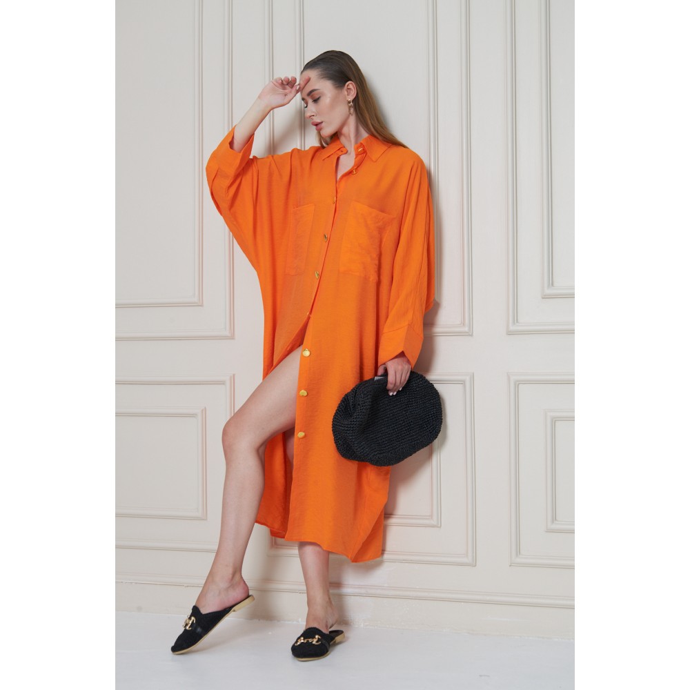 Pasaklı Giyim Pasaklı Giyim Kadın Oversize Yarasa Kol Tesettüre Uygun Gömlek Elbise-Tesettür Tunik Turuncu - Premium Kadın Giyim