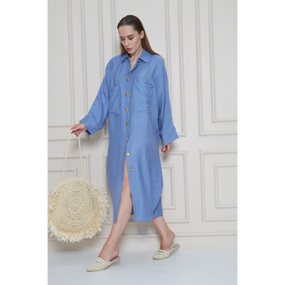 Pasaklı Giyim Pasaklı Giyim Kadın Oversize Yarasa Kol Tesettüre Uygun Gömlek Elbise-Tesettür Tunik Mavi - Premium Kadın Giyim